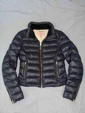 Juicy Couture Y2K Black Down Puffer Jacket Gold Zip Women's Small